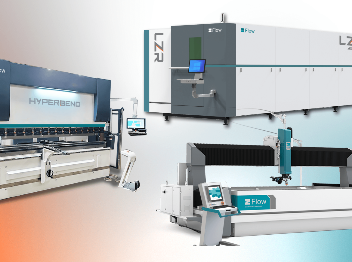 Photo of waterjet, press brake, and laser from Flow International